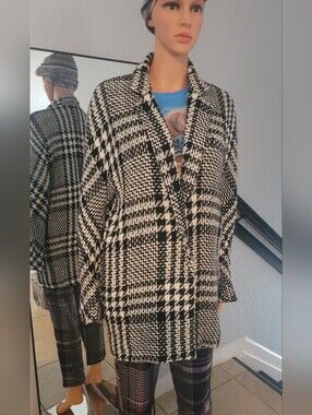 Mango Black & White Plaid Pea Short Coat